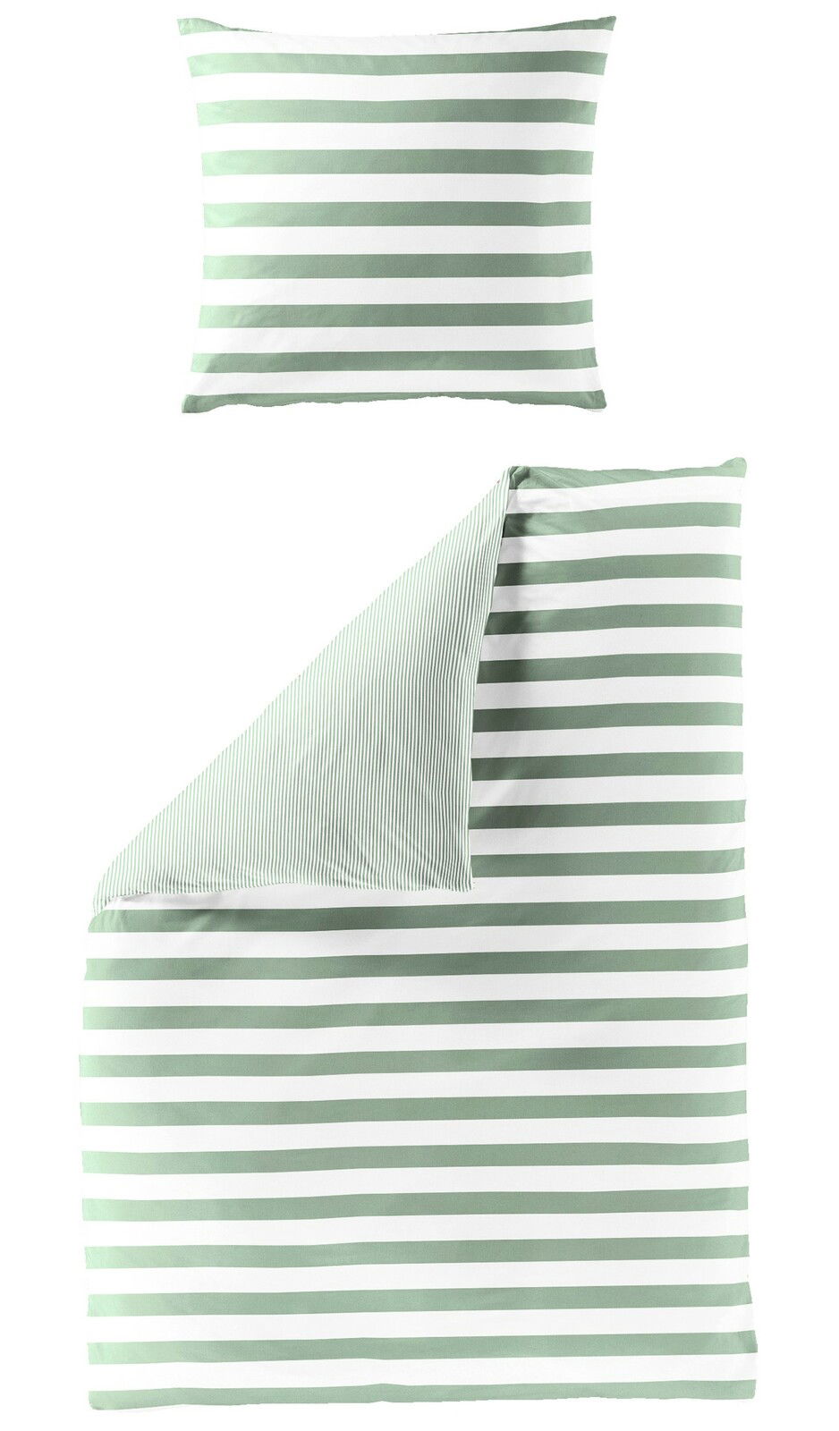Bettwäsche-Set mit grünen und weißen Streifen, bestehend aus einem Kissenbezug und einem Bettdeckenbezug, aus der Vogelperspektive fotografiert.