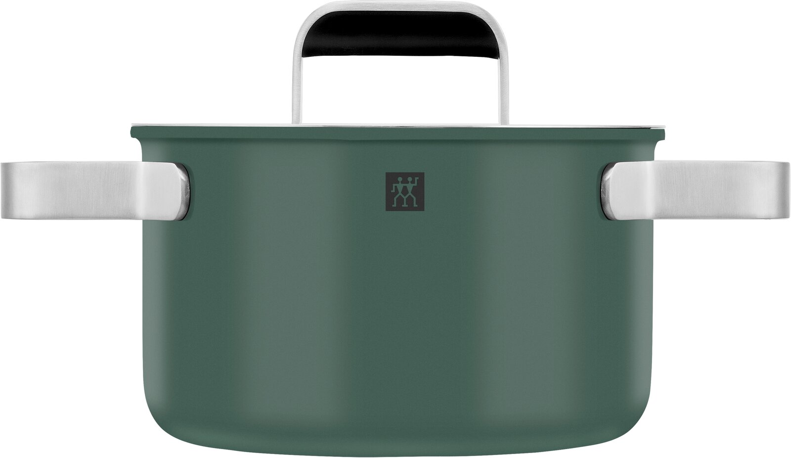 Grüner Kochtopf mit zwei silbernen Griffen und schwarzem Deckelgriff, Vorderansicht