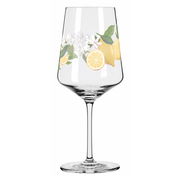 Limoncelloglas mit Zitronen- und Blumenmotiv, seitliche Perspektive