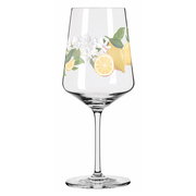 Limoncelloglas mit Zitronen- und Blumenmotiv, seitliche Perspektive
