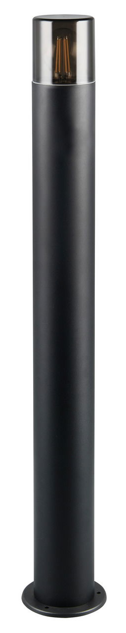 Schwarzer zylindrischer Pfosten mit transparentem oberen Teil, der Glühfäden zeigt, frontal abgebildet.