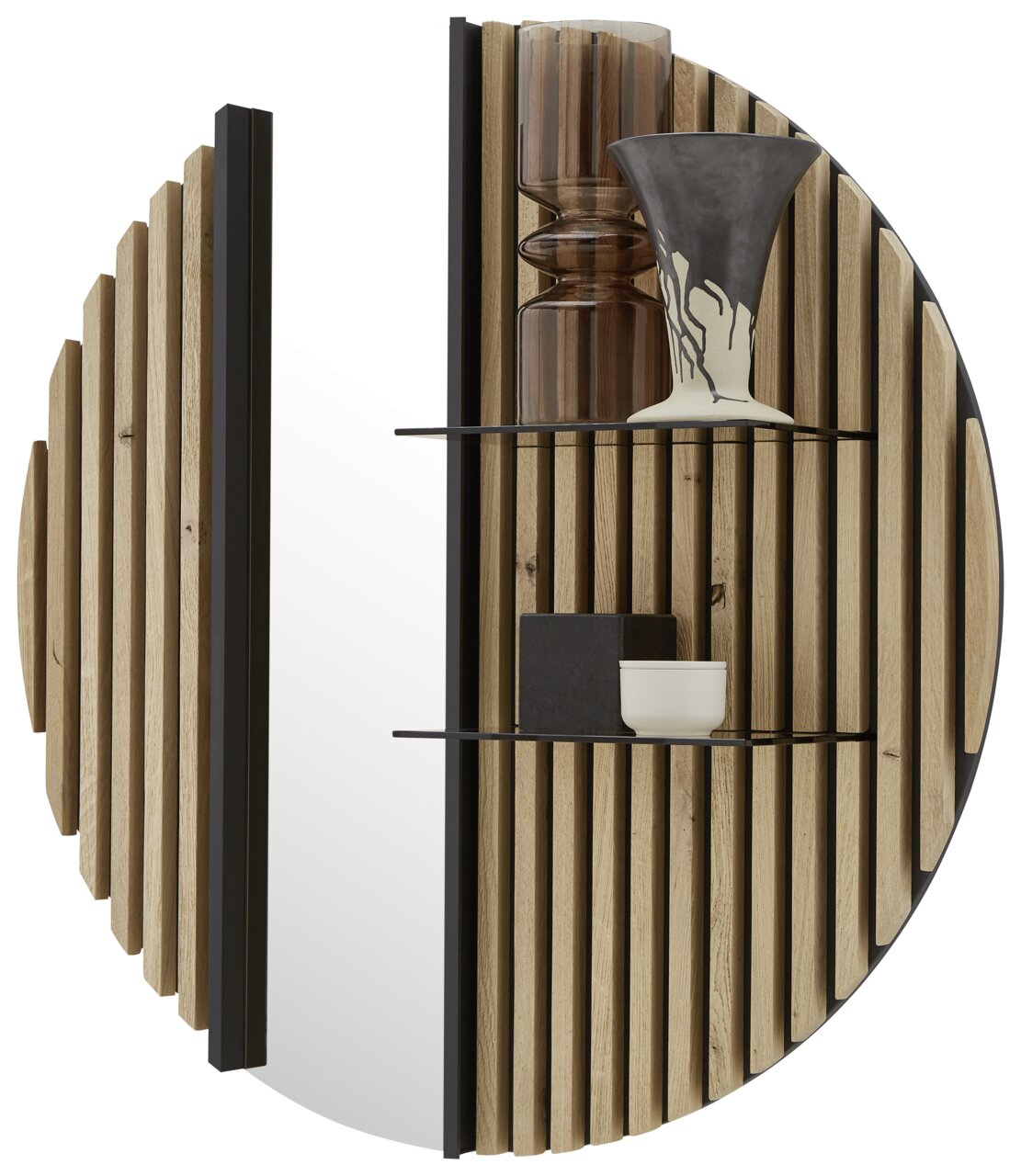Rond hangpaneel met houten lamellen en glazen planken, linkerkant met spiegel, vooraanzicht.