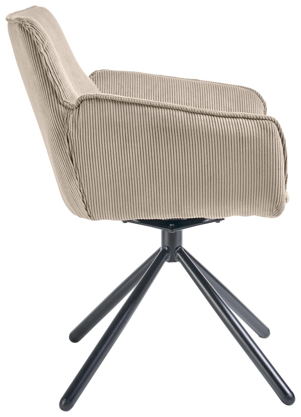 Zijaanzicht van een fauteuil met een beige, geribbelde stoffen bekleding en een zwart metalen frame.