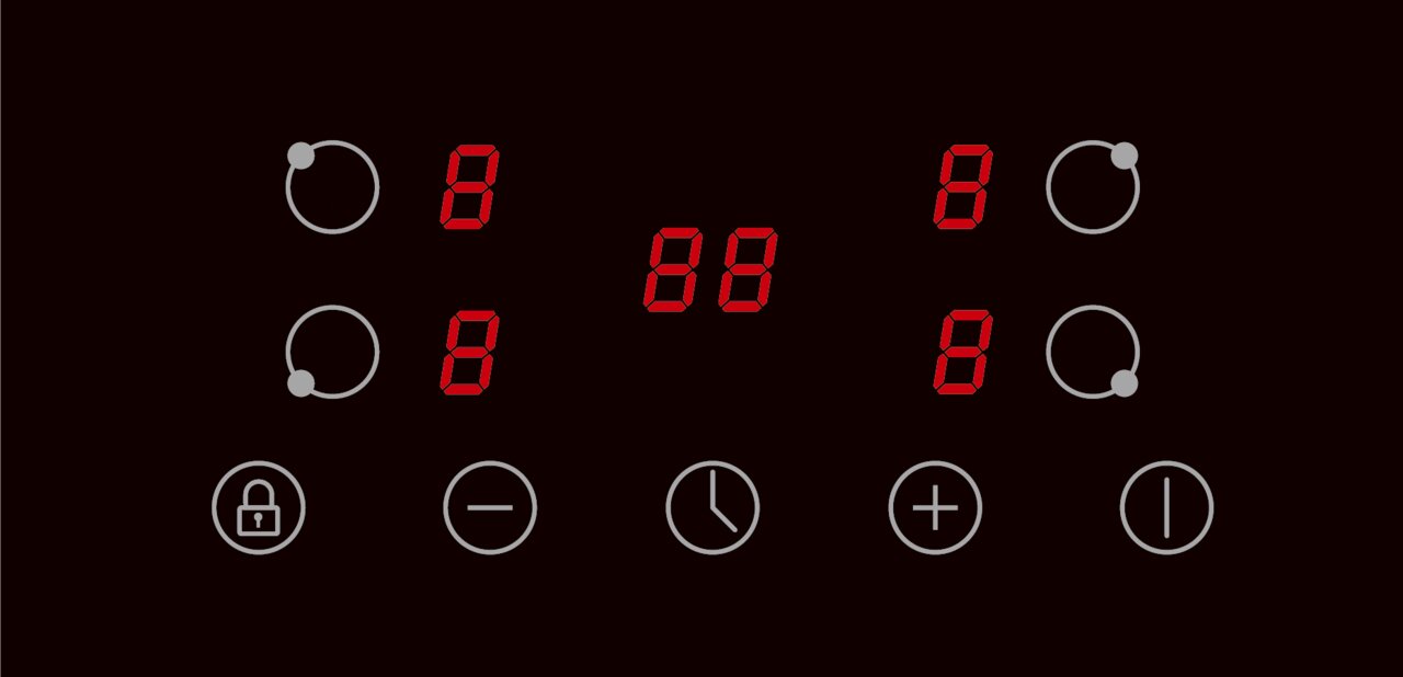 Digitale Bedienoberfläche eines Küchenblocks mit roten LED-Anzeigen und Symbolen, Draufsicht