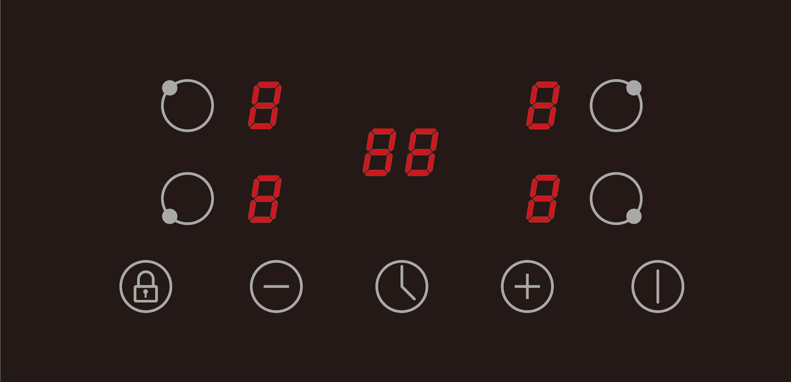 Digitale Bedienoberfläche eines Küchenblocks mit roten LED-Anzeigen und Symbolen, Draufsicht