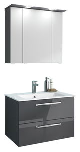 Moderner Badblock mit Spiegelschrank und Waschbeckenunterschrank in grauer Hochglanzoptik, frontal betrachtet.