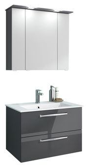 Moderner Badblock mit Spiegelschrank und Waschbeckenunterschrank in grauer Hochglanzoptik, frontal betrachtet.