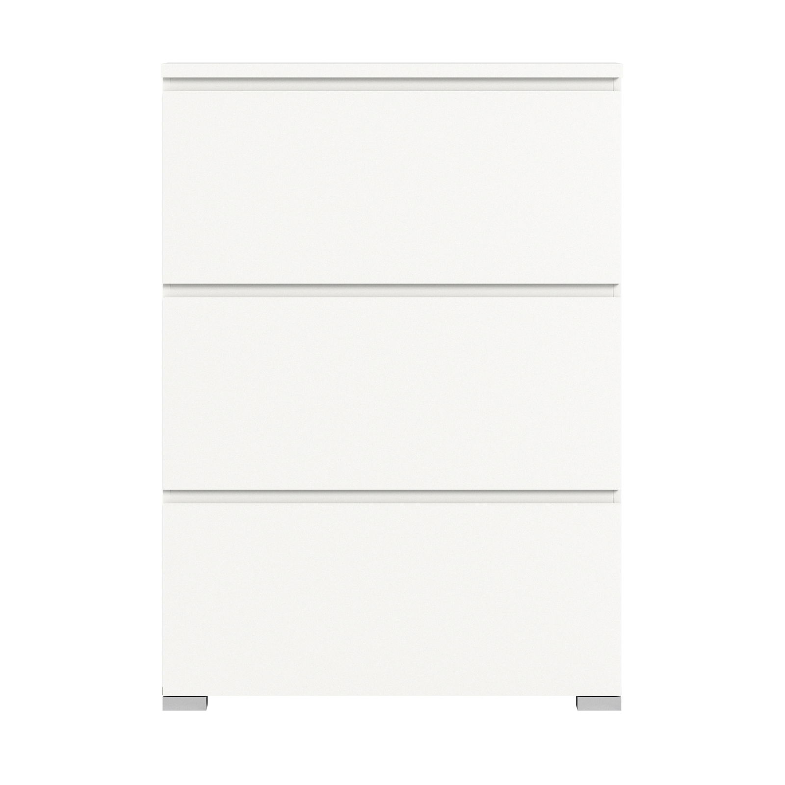 Weißer Schuhschrank mit drei Schubladen, frontale Ansicht