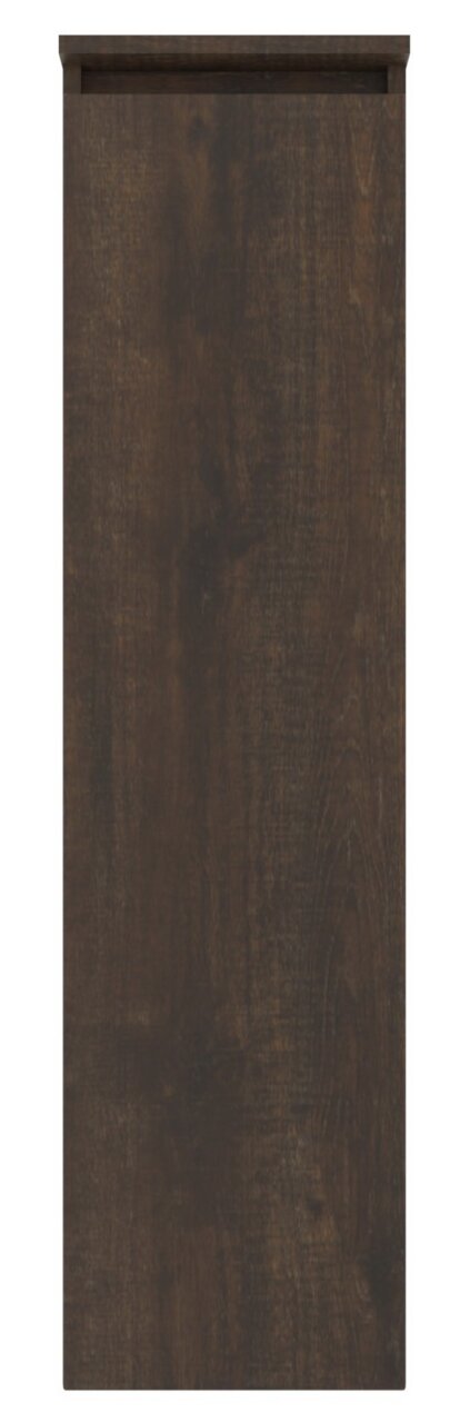 Vooraanzicht van een donkerbruine kast met houten nerf.