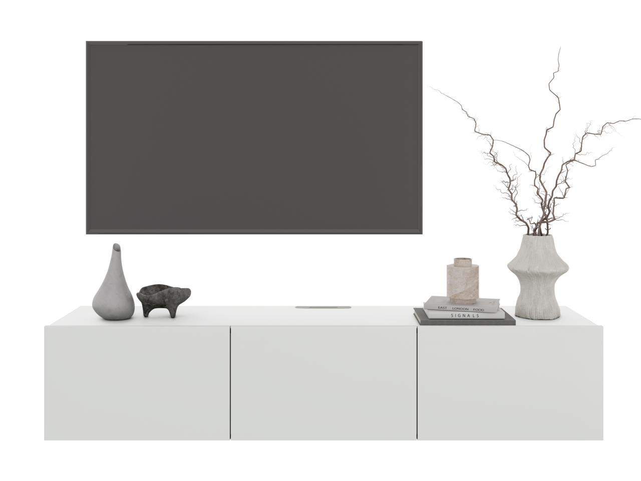 Modernes TV-Hängelowboard in Weiß mit Dekorationen, frontal betrachtet
