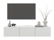 Modernes TV-Hängelowboard in Weiß mit Dekorationen, frontal betrachtet