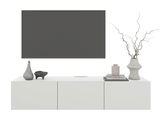 Modernes TV-Hängelowboard in Weiß mit Dekorationen, frontal betrachtet