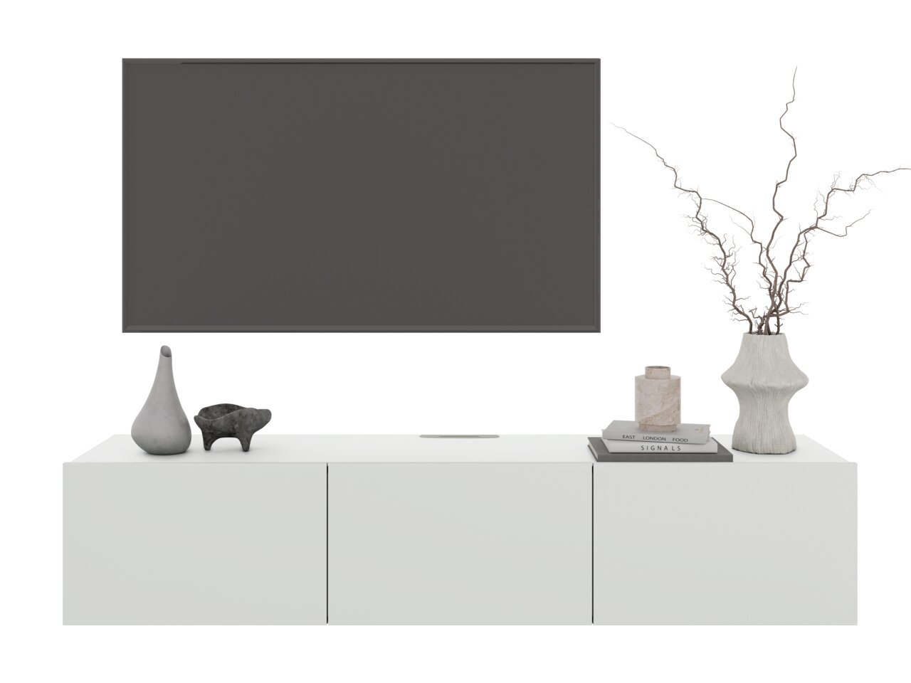 Modern hangend tv-meubel in wit met decoraties, gezien vanaf de voorkant
