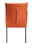 Rückansicht eines orangefarbenen Armlehnstuhls mit schlanken schwarzen Beinen.
