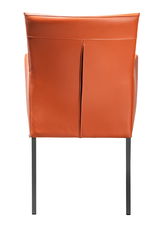 Rückansicht eines orangefarbenen Armlehnstuhls mit schlanken schwarzen Beinen.