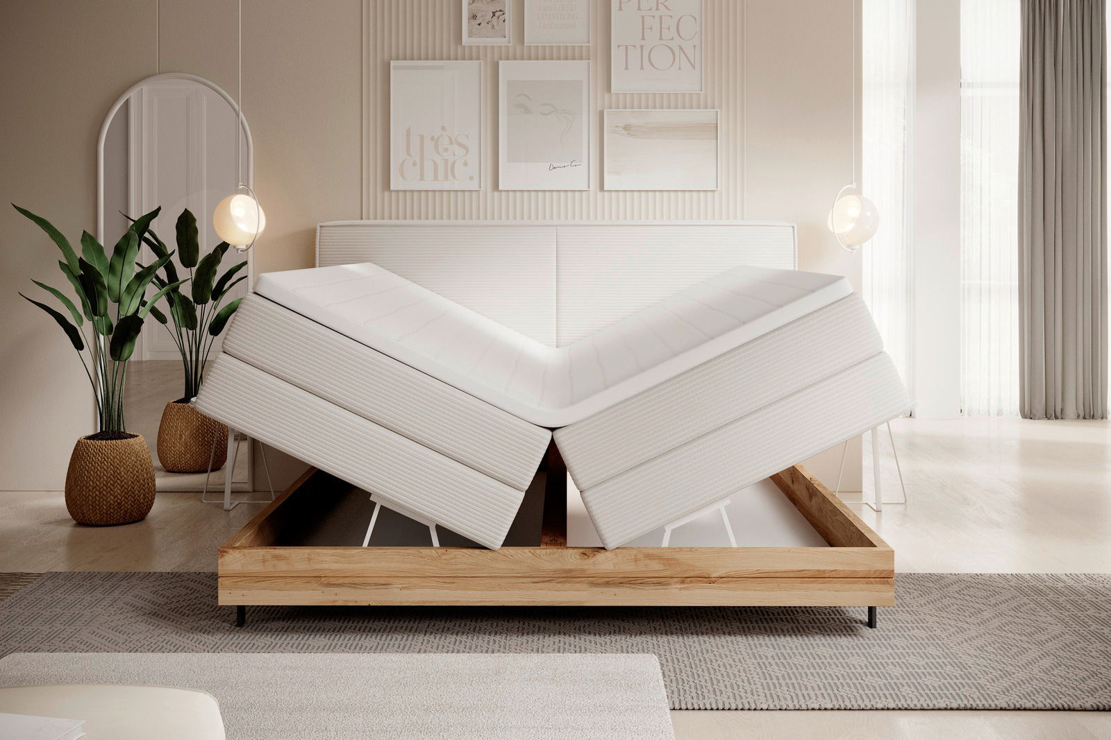 Modernes Boxspringbett mit verstellbaren Matratzen, frontal fotografiert in einem stilvoll eingerichteten Schlafzimmer mit Pflanzen und Wanddekorationen.