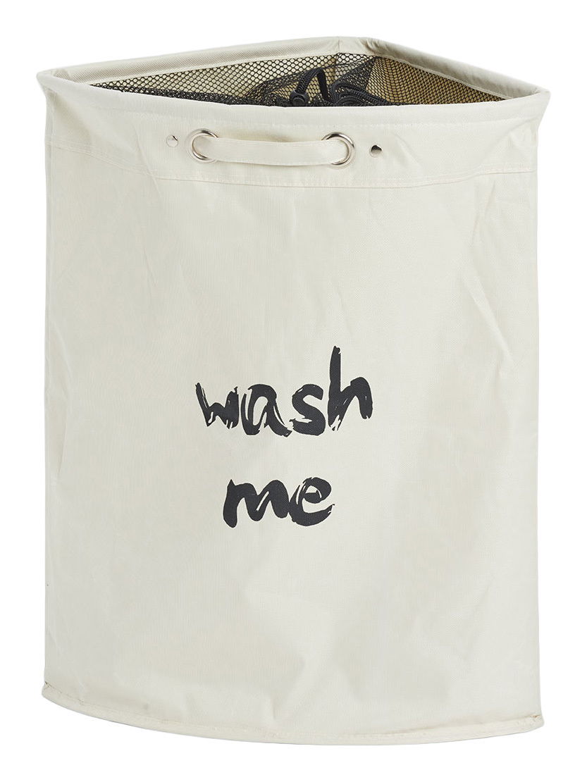 Zeller Present Eck-Wäschesammler Eck-Wäschesammler in Beige mit der Aufschrift 'wash me', aus schräger Perspektive fotografiert.