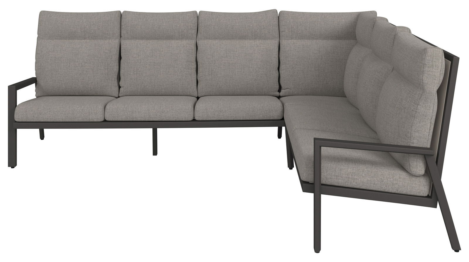 Graue Loungeecke mit Metallrahmen, seitliche Perspektive