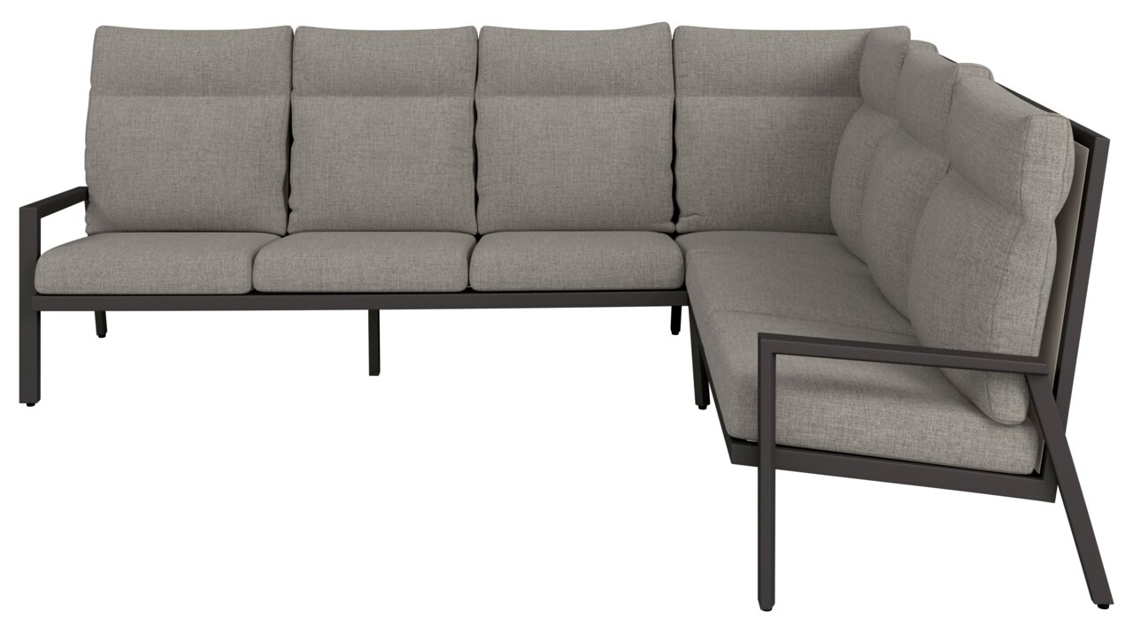 Graue Loungeecke mit Metallrahmen, seitliche Perspektive