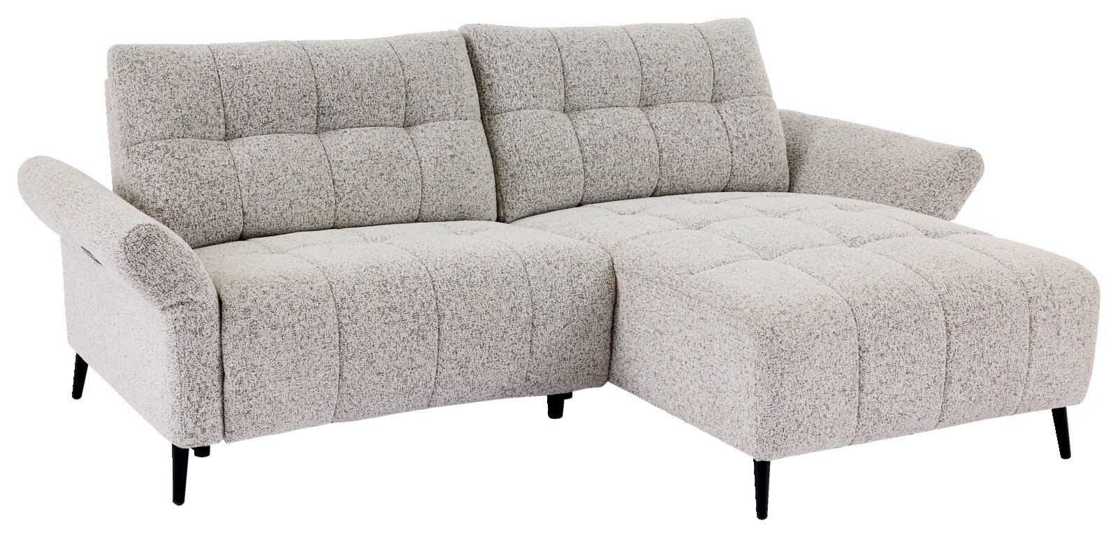 Graues Ecksofa mit Stoffbezug und schwarzen Beinen, Perspektive von vorne links