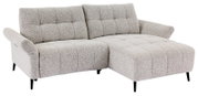 Graues Ecksofa mit Stoffbezug und schwarzen Beinen, Perspektive von vorne links