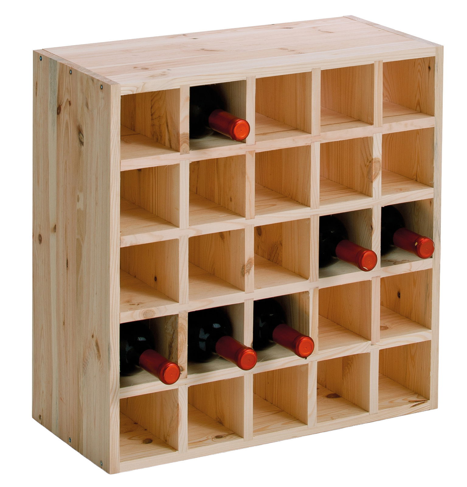 Weinregal aus Holz mit 20 Fächern, gefüllt mit Weinflaschen, Perspektive von vorne links