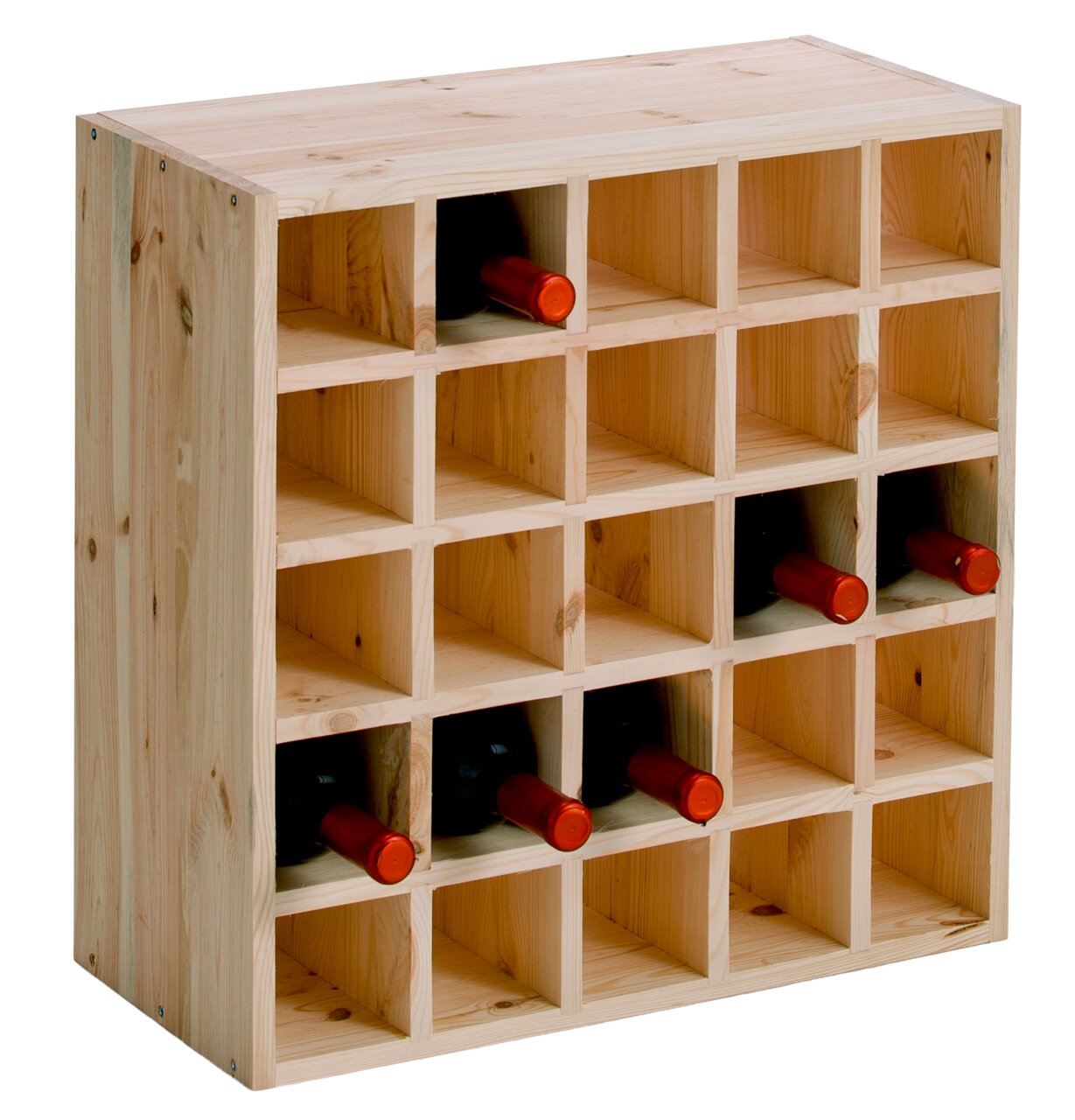 Weinregal aus Holz mit 20 Fächern, gefüllt mit Weinflaschen, Perspektive von vorne links