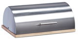 Moderner Brotkasten aus Edelstahl mit Holzsockel, seitliche Perspektive