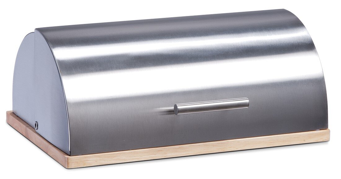 Zeller Present Brotkasten Moderner Brotkasten aus Edelstahl mit Holzsockel, seitliche Perspektive