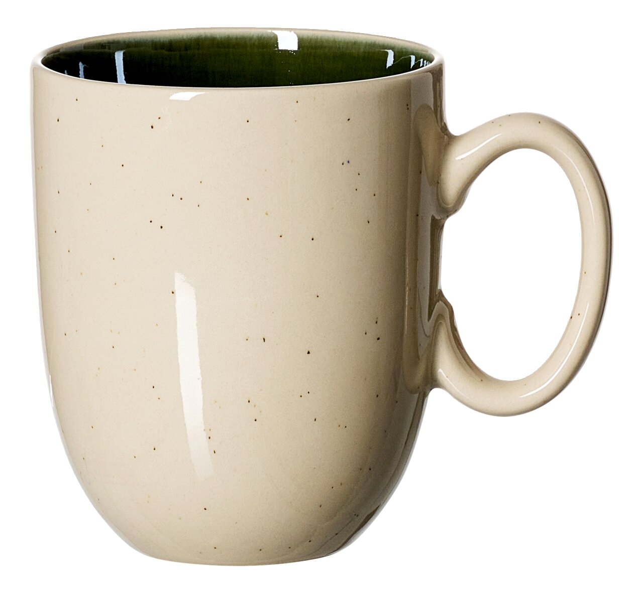 Becher 400ml aus Keramik mit cremefarbener Außenseite und grünem Inneren, seitliche Perspektive