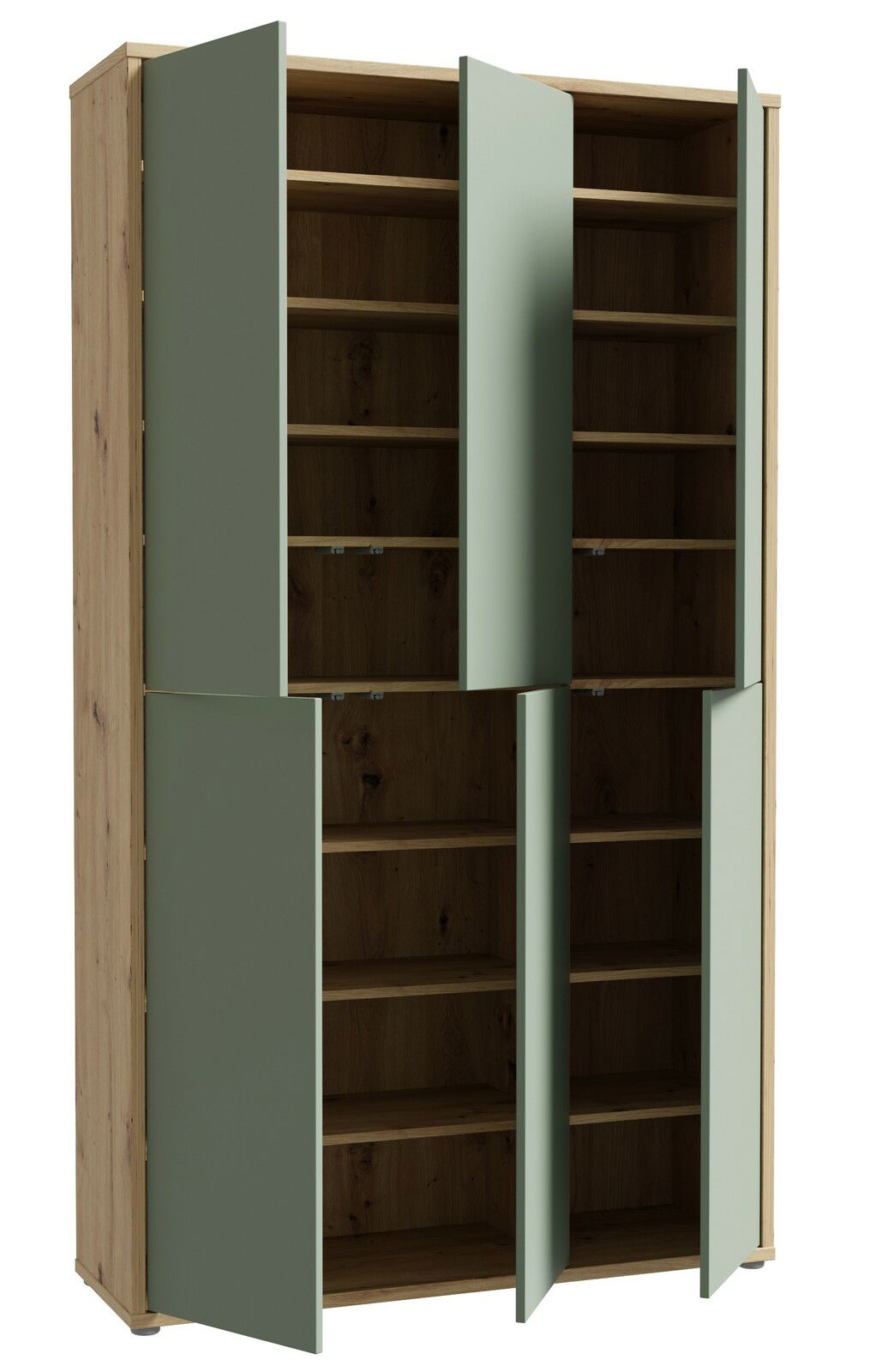 XXL-Schuhschrank mit sechs Türen, teilweise geöffnet, in Holzoptik mit grünen Fronten, seitliche Perspektive