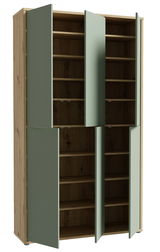 XXL-Schuhschrank mit sechs Türen, teilweise geöffnet, in Holzoptik mit grünen Fronten, seitliche Perspektive