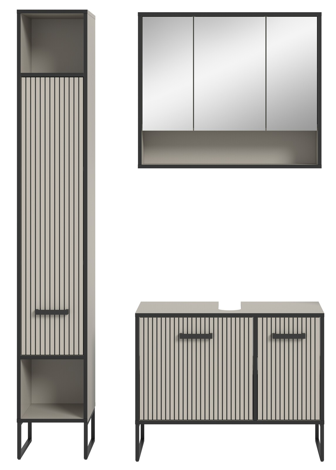 Moderne Badkombination mit vertikalen Streifen, bestehend aus einem hohen Schrank, einem Spiegelschrank und einem Unterschrank, Frontalansicht.