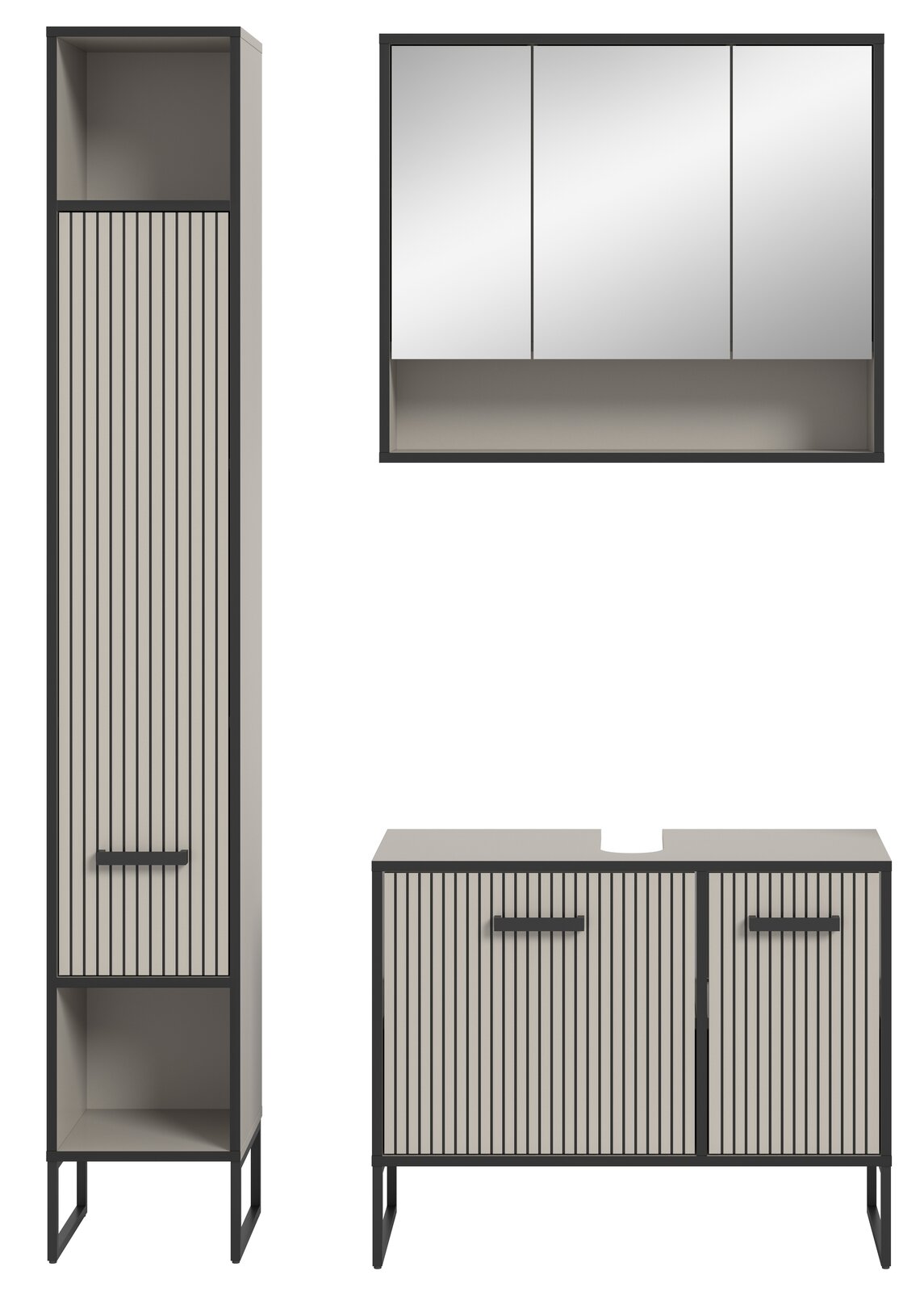 Moderne Badkombination mit vertikalen Streifen, bestehend aus einem hohen Schrank, einem Spiegelschrank und einem Unterschrank, Frontalansicht.