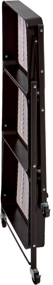 Schwarzer, klappbarer Metall-Prospektständer mit drei Ablagefächern und Gitterseiten auf Rollen, seitliche Ansicht