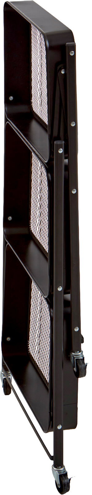 Schwarzer, klappbarer Metall-Prospektständer mit drei Ablagefächern und Gitterseiten auf Rollen, seitliche Ansicht