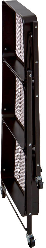 Schwarzer, klappbarer Metall-Prospektständer mit drei Ablagefächern und Gitterseiten auf Rollen, seitliche Ansicht