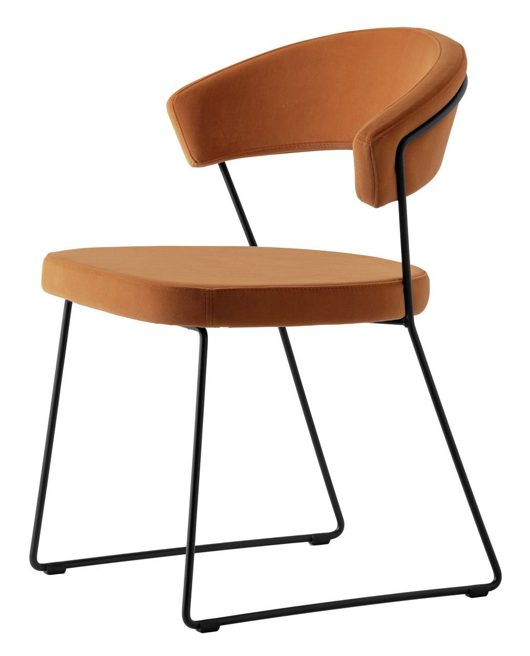 Moderner Stuhl mit braunem Polster und schwarzem Metallgestell, seitliche Perspektive