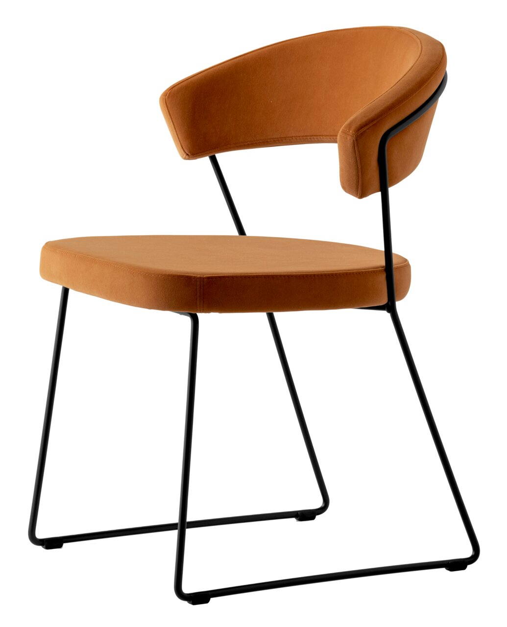 Moderner Stuhl mit braunem Polster und schwarzem Metallgestell, seitliche Perspektive