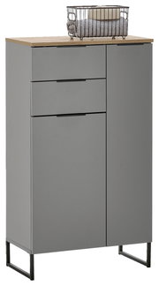 Graues Highboard mit zwei Schubladen und einer Tür, darauf ein Metallkorb mit Handtüchern, seitliche Perspektive