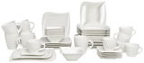 Kombiservice La Musica 42-teilig, bestehend aus weißen, quadratischen und runden Tellern, Tassen und Schalen, aus einer frontalen Perspektive fotografiert.