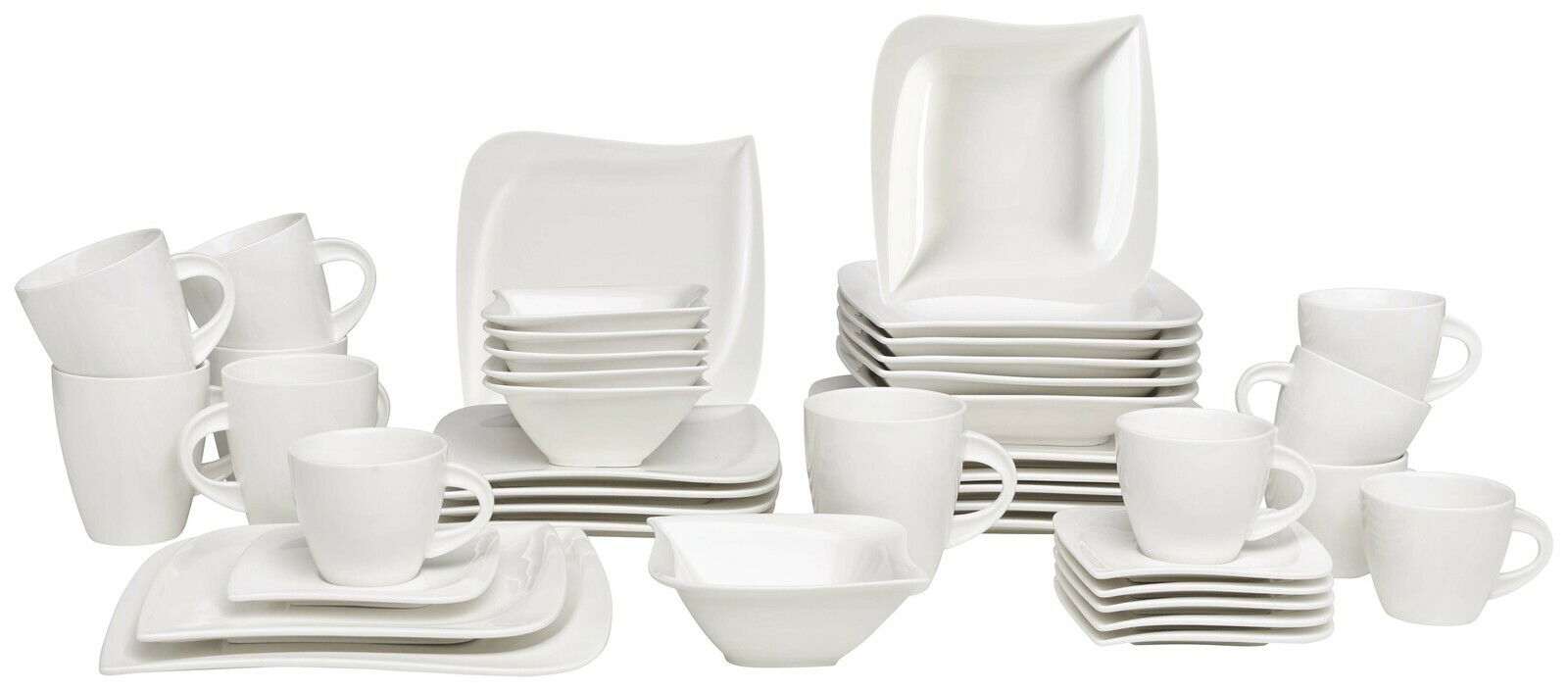 Kombiservice La Musica 42-teilig, bestehend aus weißen, quadratischen und runden Tellern, Tassen und Schalen, aus einer frontalen Perspektive fotografiert.