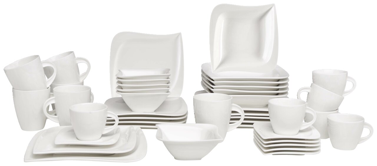 Kombiservice La Musica 42-teilig, bestehend aus weißen, quadratischen und runden Tellern, Tassen und Schalen, aus einer frontalen Perspektive fotografiert.
