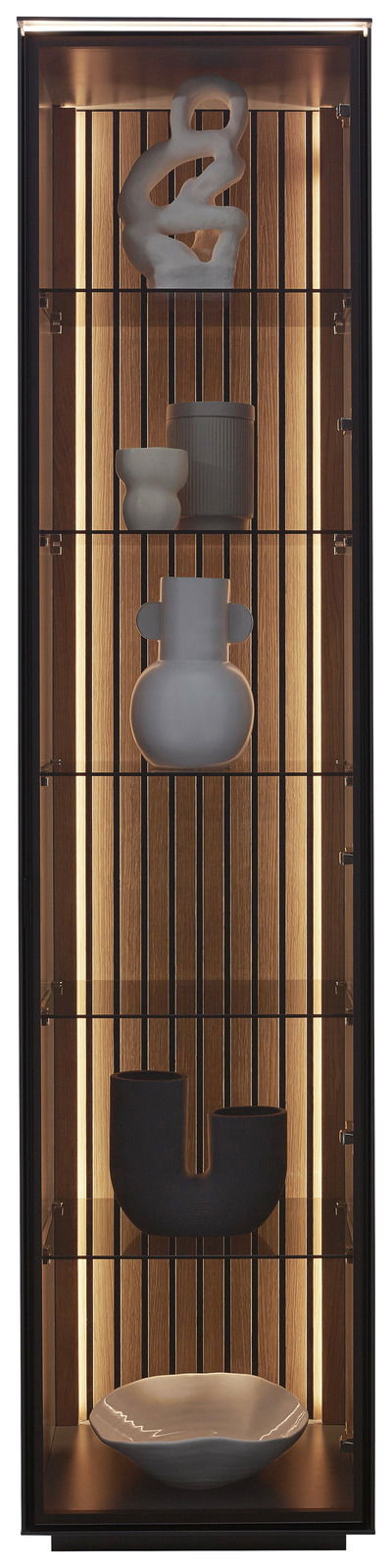 Vitrine mit moderner Dekoration, frontal betrachtet, mit Beleuchtung und Holzrückwand.