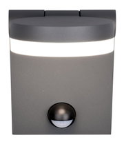Moderne Wandleuchte ADOUR in grauer Farbe mit integriertem Bewegungsmelder, frontal abgebildet.