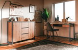 Modernes Sideboard aus Holz mit Metallrahmen, dekoriert mit Büchern und Kunstwerken, in einem stilvollen Raum mit Schreibtisch und Pflanzen. Perspektive von vorne links.