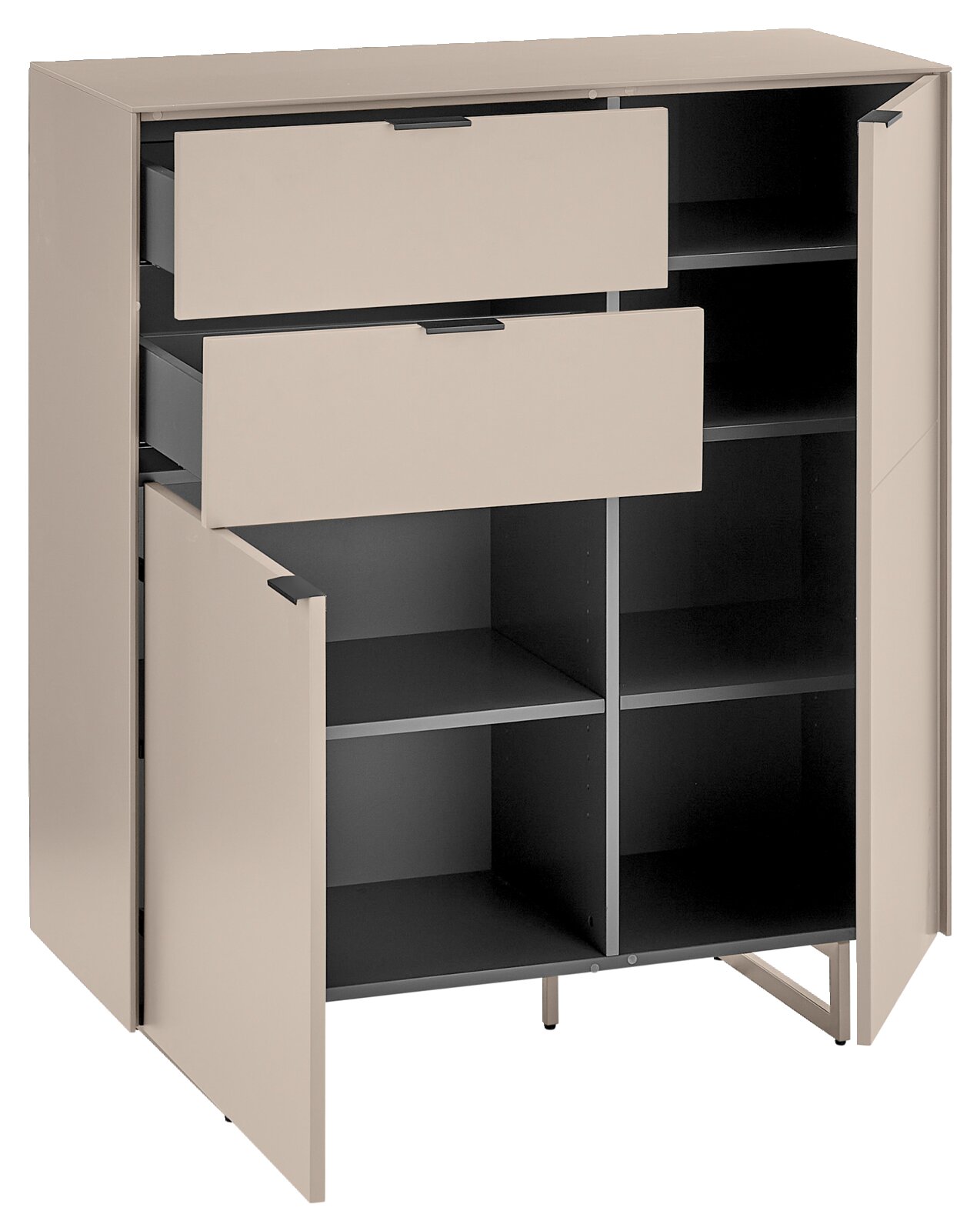 Modernes Sideboard/Kommode in Beige mit dunklem Innenraum, zwei Schubladen und zwei geöffneten Türen mit Einlegeböden, freigestellt in schräger Vorderansicht.