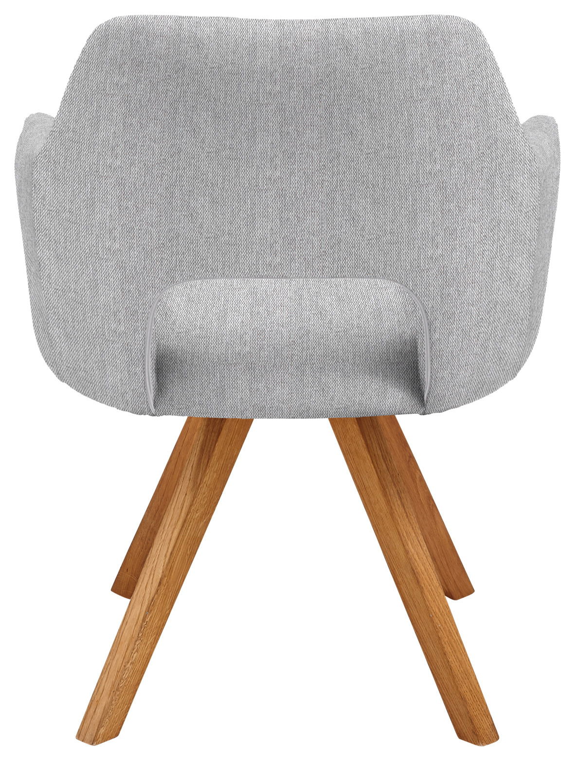 Rückansicht eines grauen Sessels mit Holzbeinen