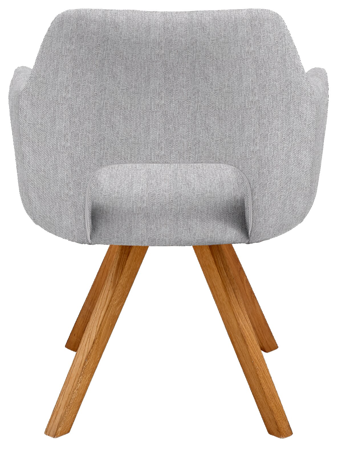 Achterkant van een grijze fauteuil met houten poten