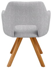 Achterkant van een grijze fauteuil met houten poten